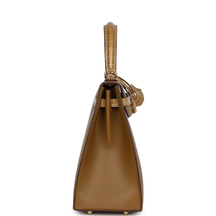 Hermes Kelly Sellier 25 Bronze Dorè Madame and Sable Shiny Niloticus Crocodile Touch Permabrass Hardware