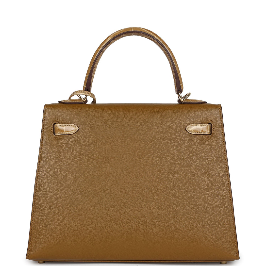 Hermes Kelly Sellier 25 Bronze Dorè Madame and Sable Shiny Niloticus Crocodile Touch Permabrass Hardware