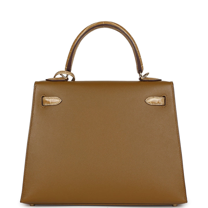 Hermes Kelly Sellier 25 Bronze Dorè Madame and Sable Shiny Niloticus Crocodile Touch Permabrass Hardware