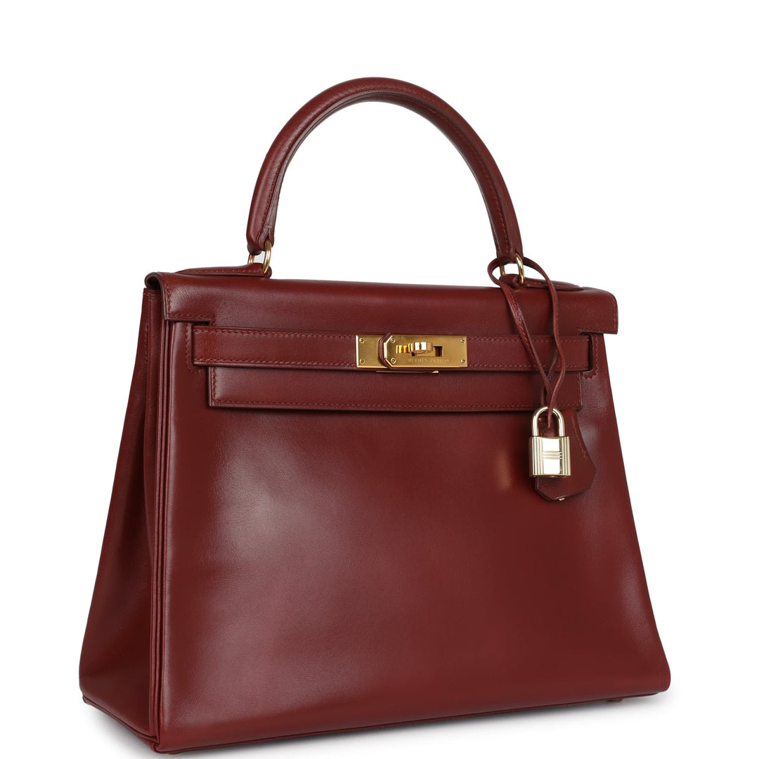 Vintage Hermes Kelly Sellier 28 Rouge Vif Box Gold Hardware
