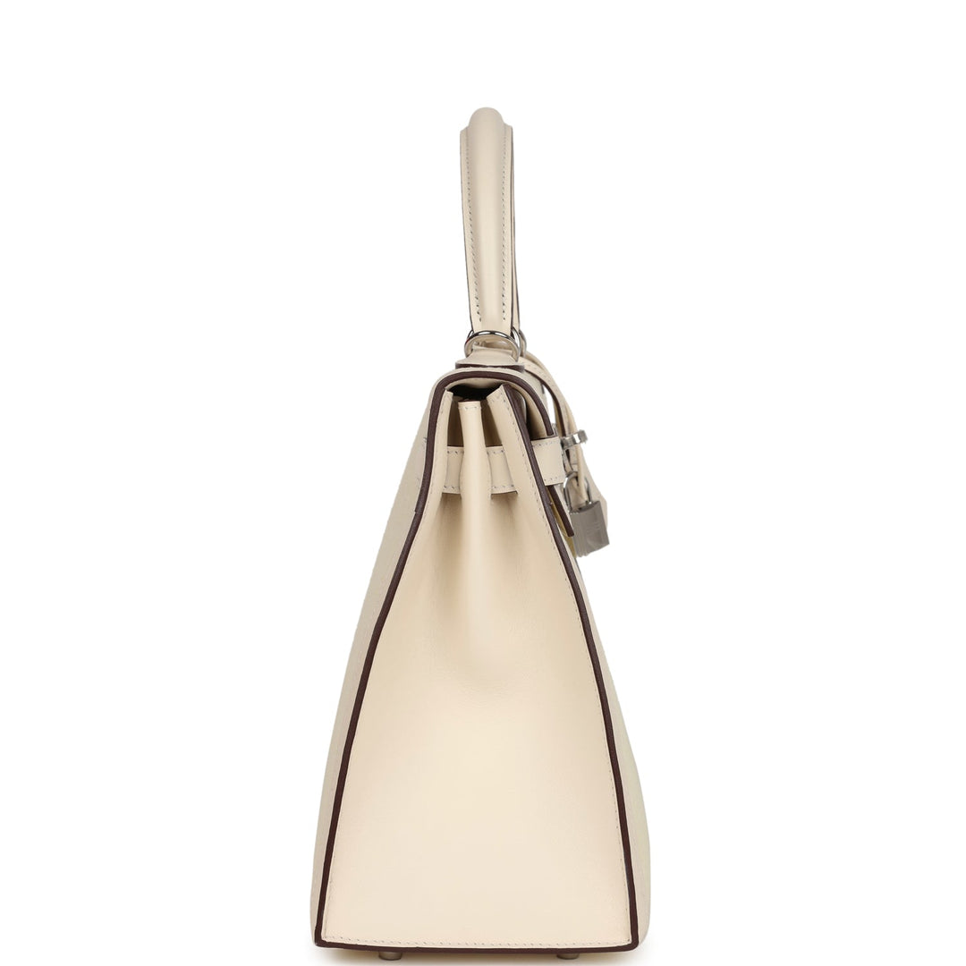 Hermes Kelly Sellier 28 Nata Swift and Jaune Citron Toile H Canvas Palladium Hardware