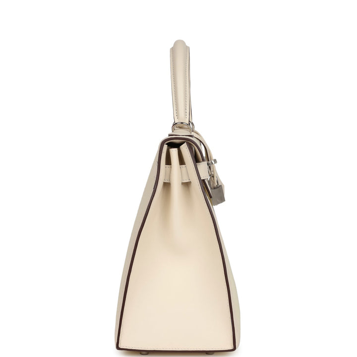 Hermes Kelly Sellier 28 Nata Swift and Jaune Citron Toile H Canvas Palladium Hardware