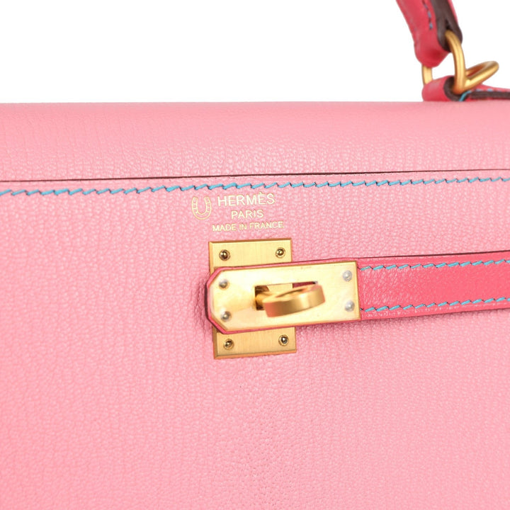 Hermes Special Order (HSS) Kelly Sellier 25 Rose Confetti and Rose Lipstick Chevre Brushed Gold Hardware