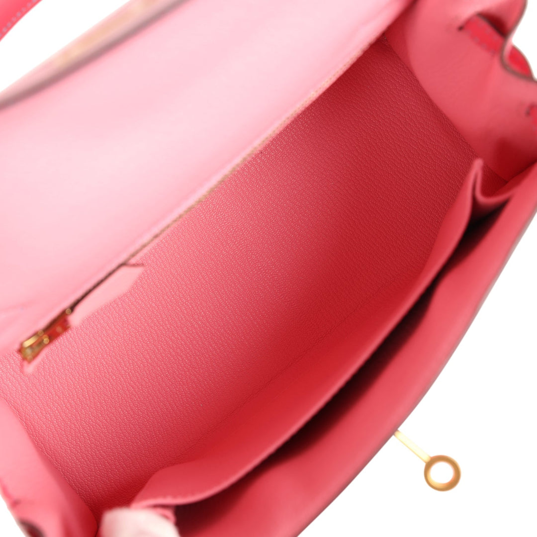 Hermes Special Order (HSS) Kelly Sellier 25 Rose Confetti and Rose Lipstick Chevre Brushed Gold Hardware