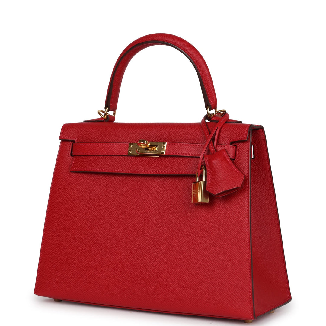 Hermes Kelly Sellier 25 Rouge Casaque Epsom Gold Hardware