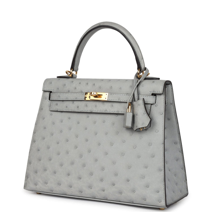 Hermes Kelly Sellier 25 Bleu Glacier Ostrich Gold Hardware