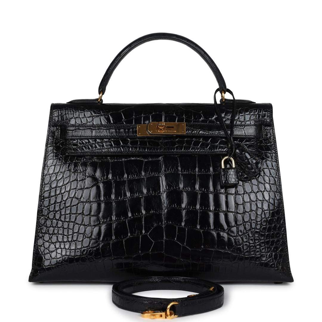 Hermes Kelly Sellier 32 Black Shiny Alligator Gold Hardware