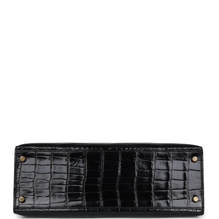 Hermes Kelly Sellier 32 Black Shiny Alligator Gold Hardware