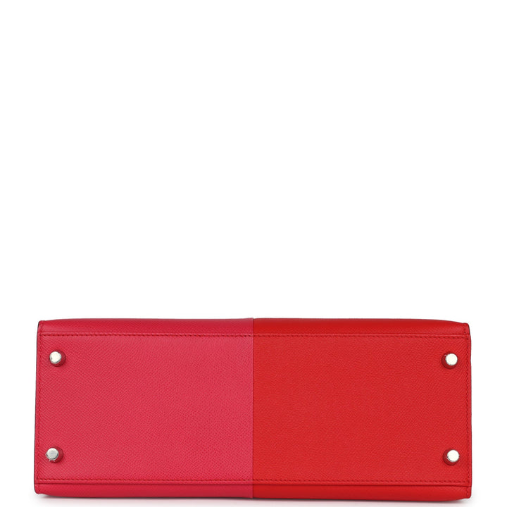 Hermes Kelly Sellier 28 Casaque Rouge De Coeur, Rose Extreme and Blue Zanzibar Epsom Palladium Hardware