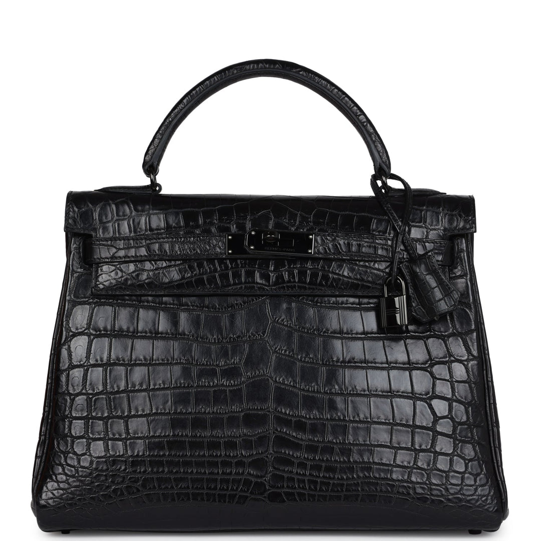 New Hermes Kelly Retourne 32 SO Black Matte Niloticus Crocodile Black Hardware