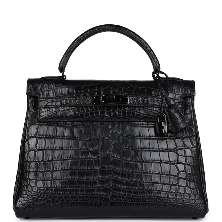New Hermes Kelly Retourne 32 SO Black Matte Niloticus Crocodile Black Hardware