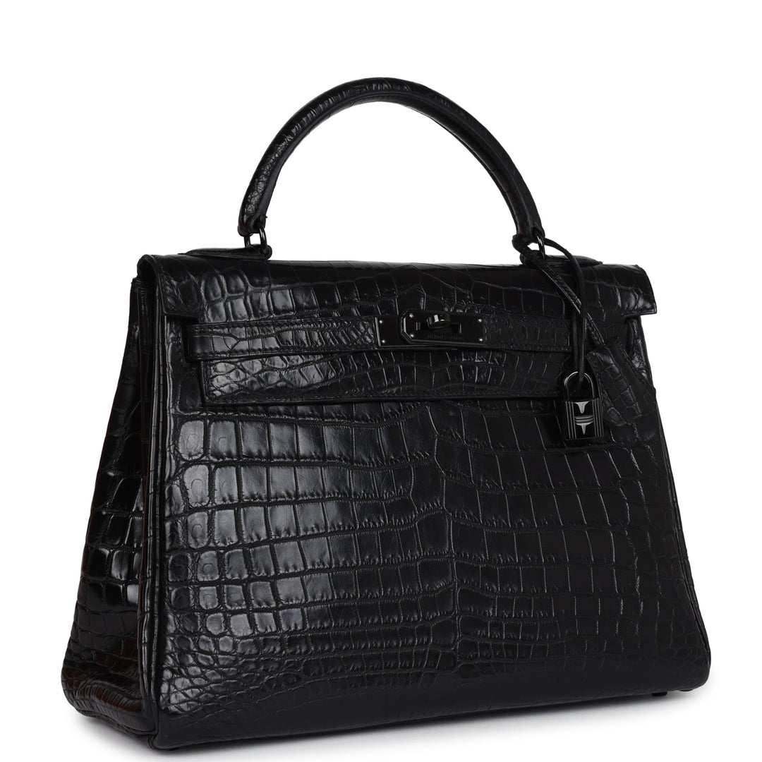 New Hermes Kelly Retourne 32 SO Black Matte Niloticus Crocodile Black Hardware