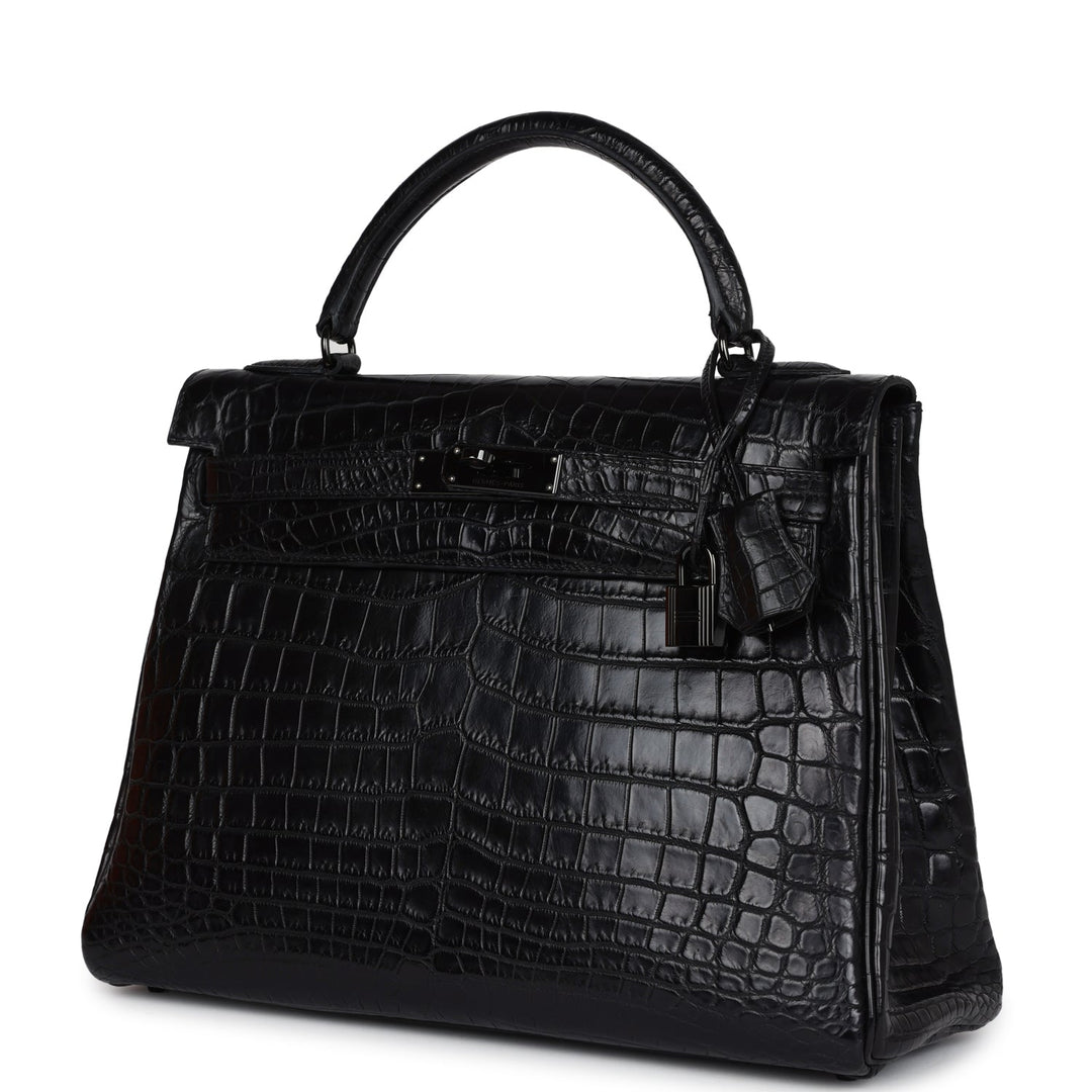 New Hermes Kelly Retourne 32 SO Black Matte Niloticus Crocodile Black Hardware