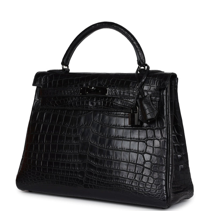 New Hermes Kelly Retourne 32 SO Black Matte Niloticus Crocodile Black Hardware