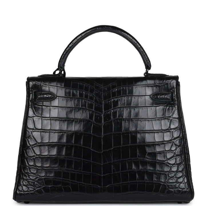 New Hermes Kelly Retourne 32 SO Black Matte Niloticus Crocodile Black Hardware