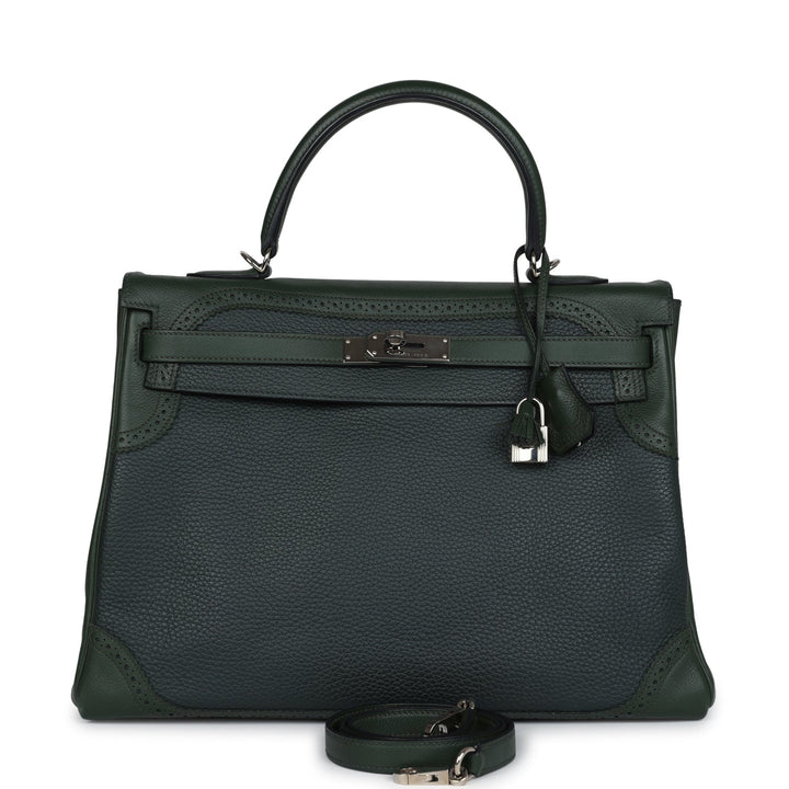 New Hermes Ghillies Kelly 35 Retourne Vert Fonce Clemence and Vert Anglais Evercolor Palladium Hardware