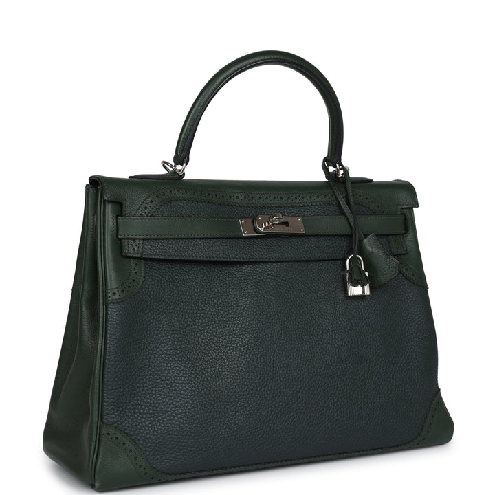 New Hermes Ghillies Kelly 35 Retourne Vert Fonce Clemence and Vert Anglais Evercolor Palladium Hardware