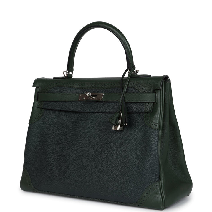 New Hermes Ghillies Kelly 35 Retourne Vert Fonce Clemence and Vert Anglais Evercolor Palladium Hardware