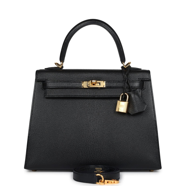 New Hermes Kelly Sellier 25 Black Chevre Mysore Gold Hardware