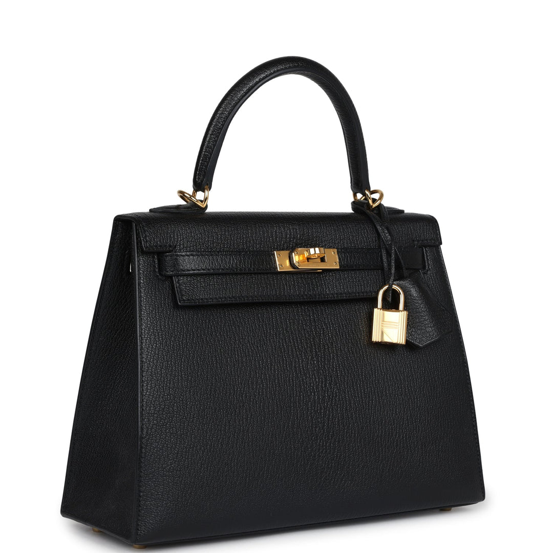 New Hermes Kelly Sellier 25 Black Chevre Mysore Gold Hardware