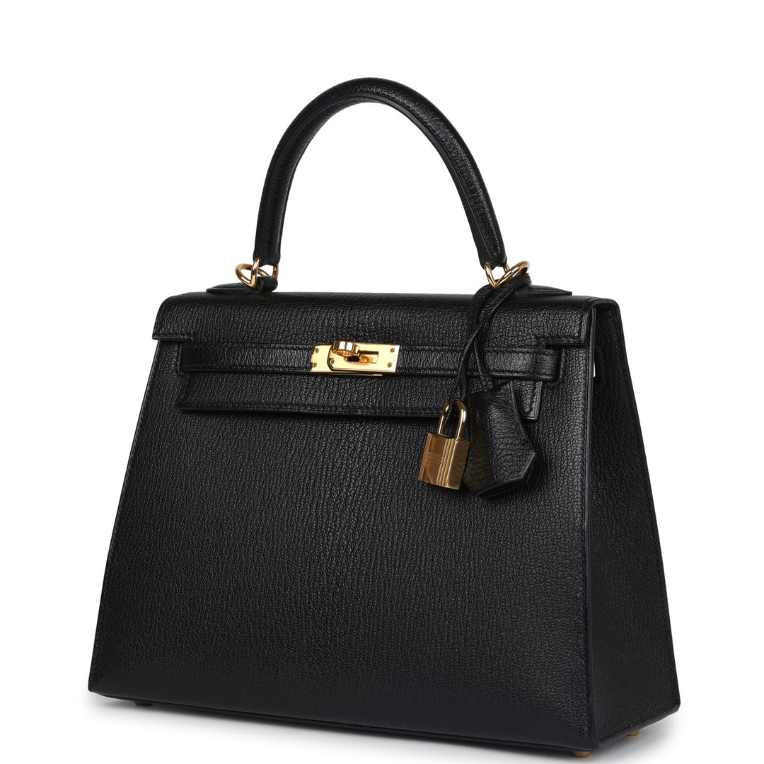 New Hermes Kelly Sellier 25 Black Chevre Mysore Gold Hardware