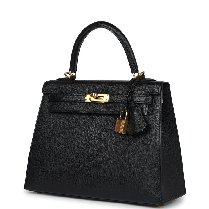 New Hermes Kelly Sellier 25 Black Chevre Mysore Gold Hardware