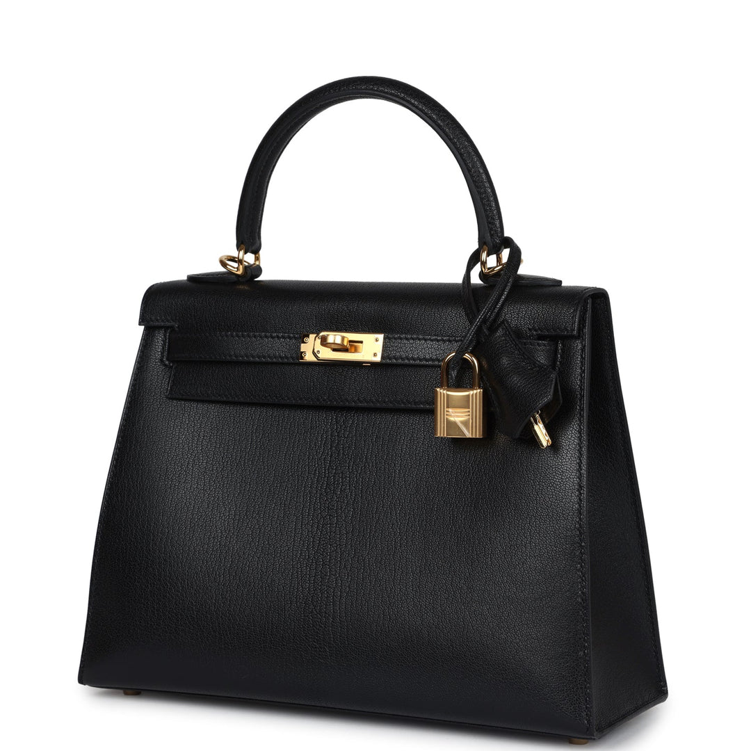 Hermes Kelly Sellier 25 Black Chevre Mysore Gold Hardware