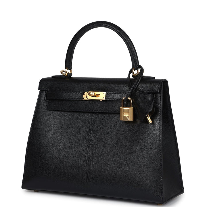Hermes Kelly Sellier 25 Black Chevre Mysore Gold Hardware