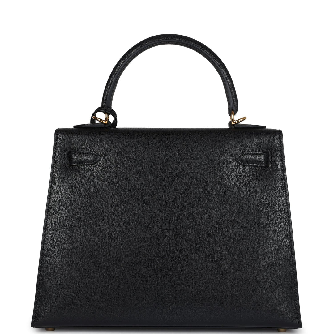 Hermes Kelly Sellier 25 Black Chevre Mysore Gold Hardware