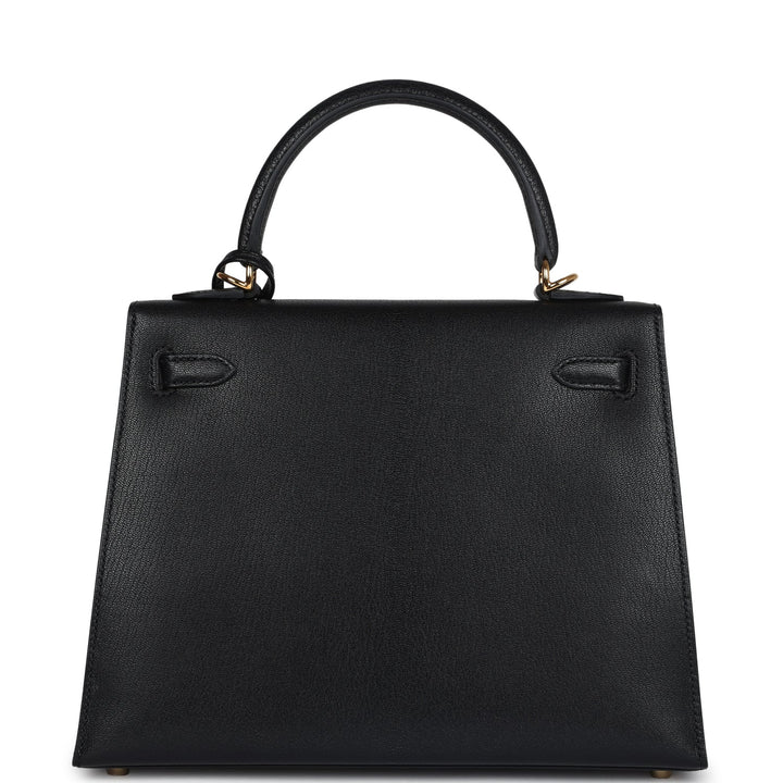 Hermes Kelly Sellier 25 Black Chevre Mysore Gold Hardware