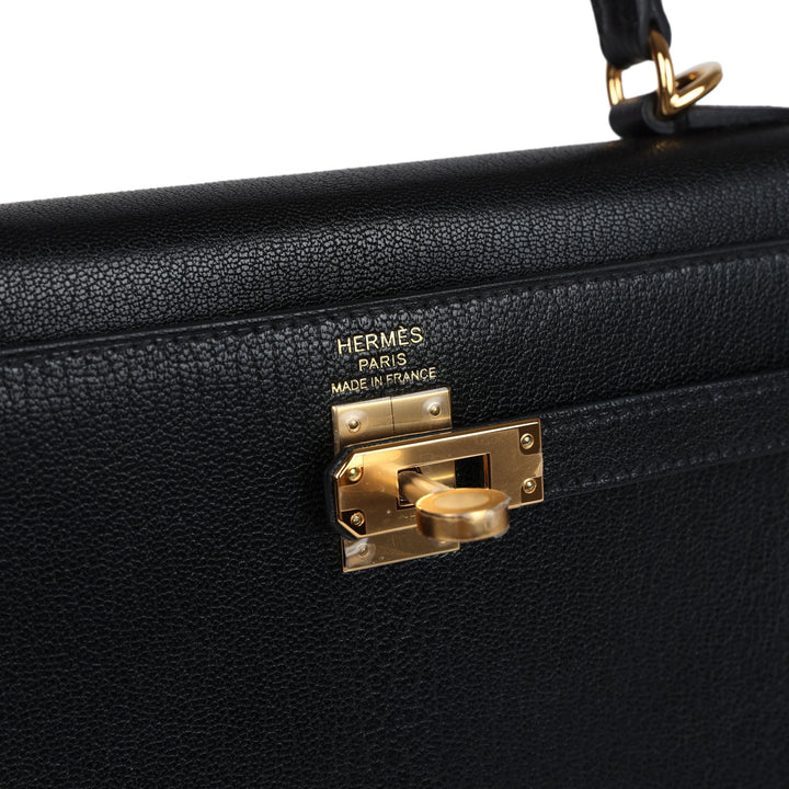Hermes Kelly Sellier 25 Black Chevre Mysore Gold Hardware