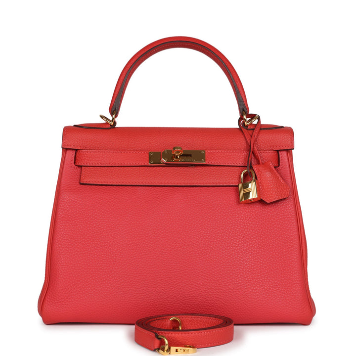 New Hermes Kelly Retourne 28 Rouge Pivoine Togo Gold Hardware