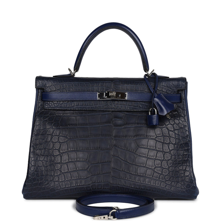 New Hermes Kelly Retourne 35 Bleu Indigo Matte Alligator and Bleu Saphir Swift and Clemence Palladium Hardware