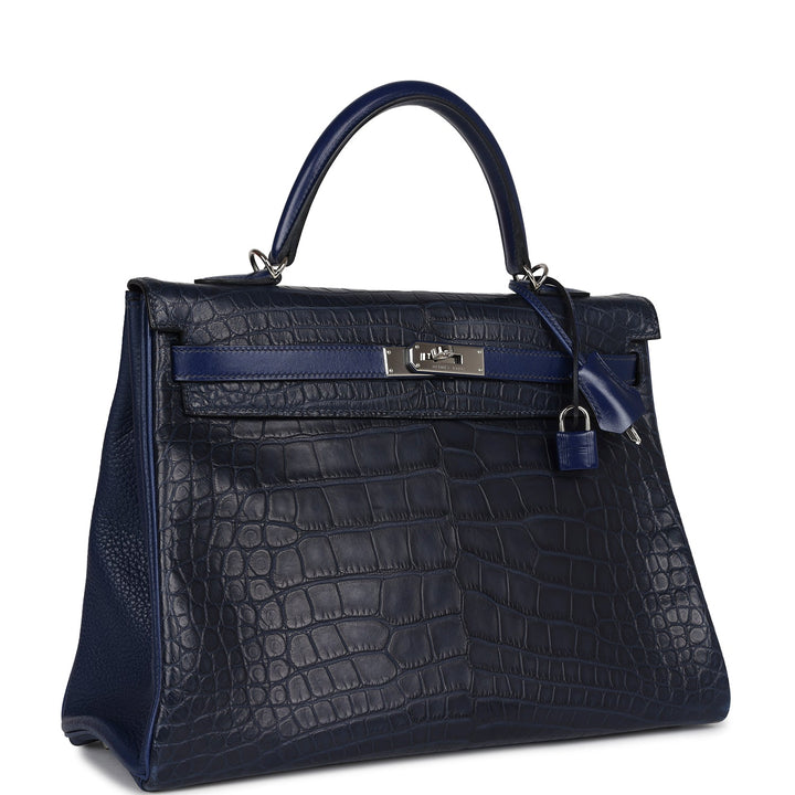 New Hermes Kelly Retourne 35 Bleu Indigo Matte Alligator and Bleu Saphir Swift and Clemence Palladium Hardware