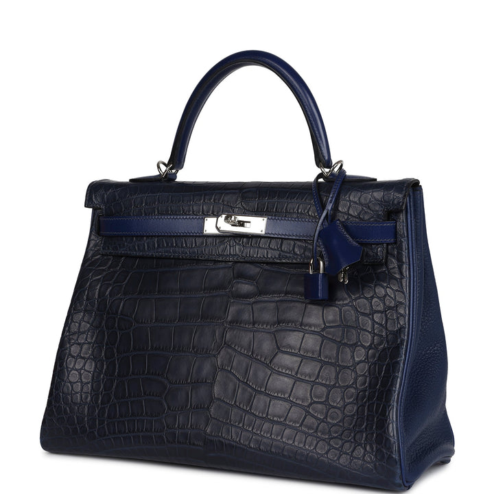 New Hermes Kelly Retourne 35 Bleu Indigo Matte Alligator and Bleu Saphir Swift and Clemence Palladium Hardware