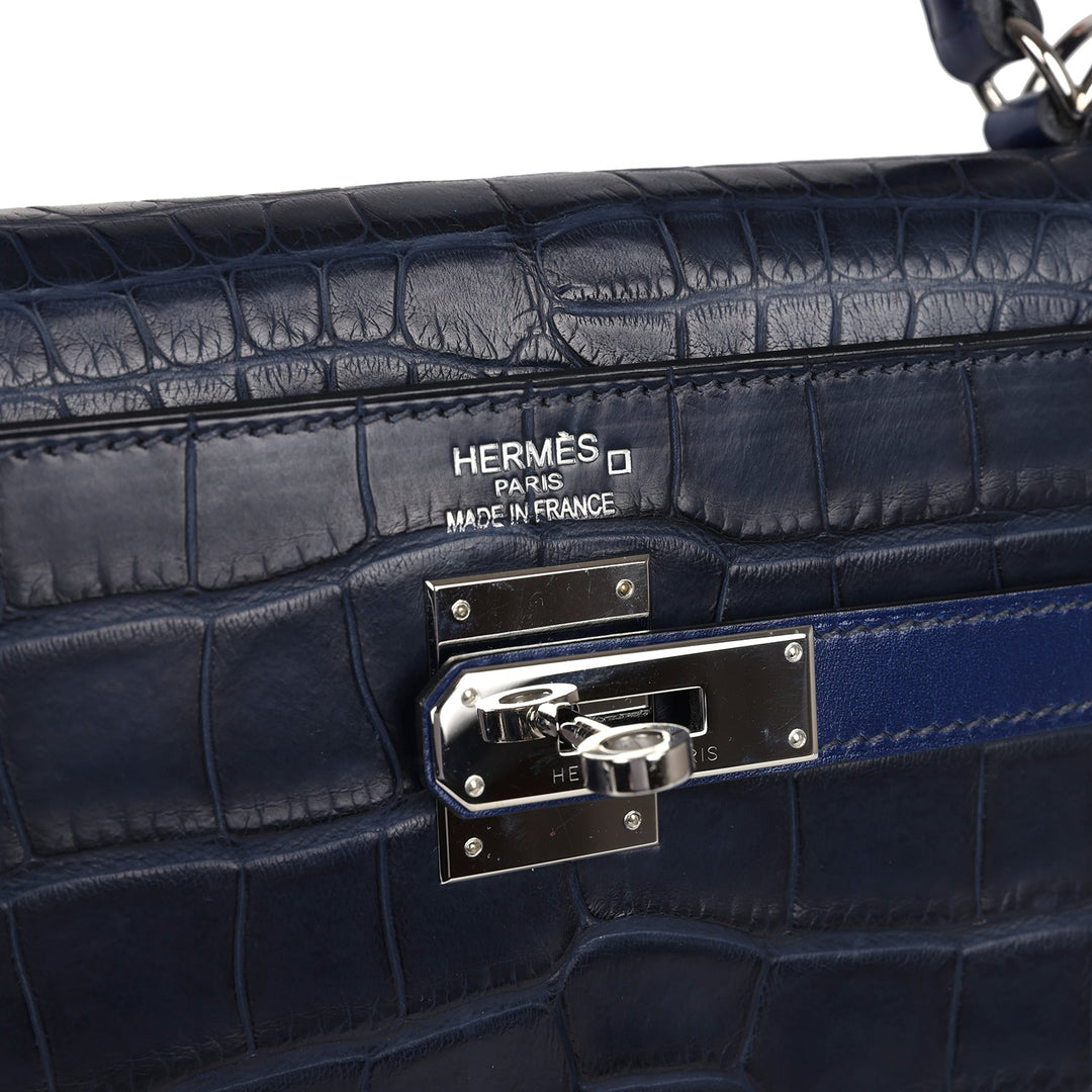 New Hermes Kelly Retourne 35 Bleu Indigo Matte Alligator and Bleu Saphir Swift and Clemence Palladium Hardware