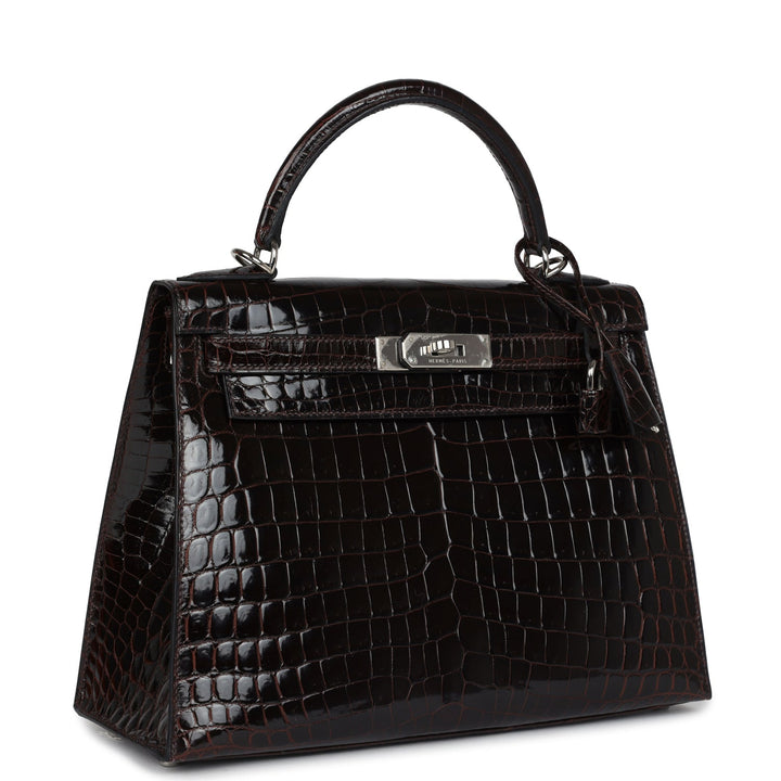 New Hermes Kelly Sellier 28 Cocoan Shiny Niloticus Crocodile Palladium Hardware