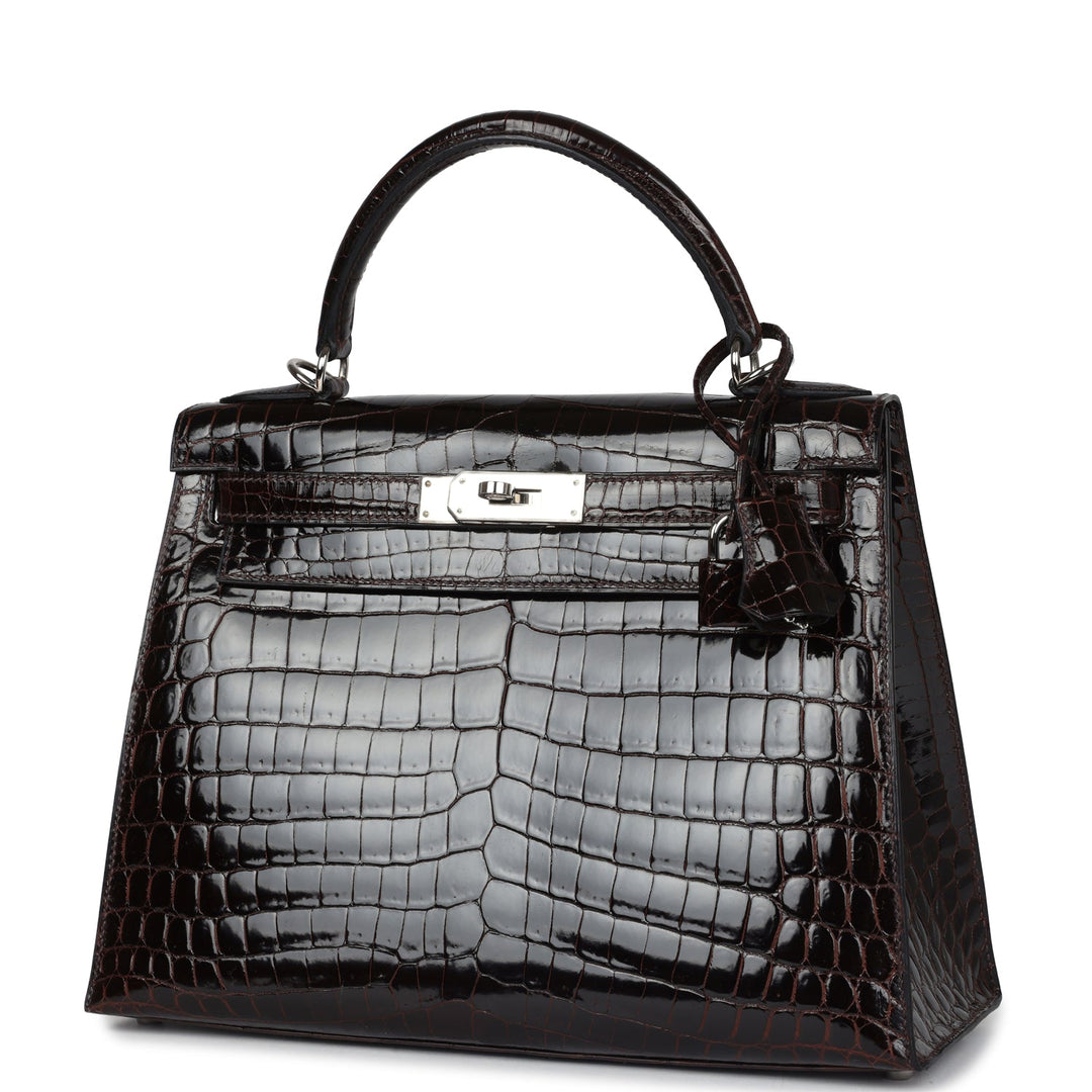 New Hermes Kelly Sellier 28 Cocoan Shiny Niloticus Crocodile Palladium Hardware