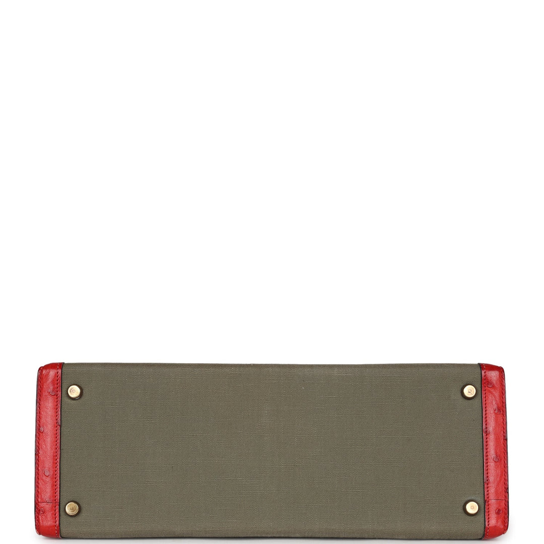Hermes Kelly Sellier 32 Rouge Vif Ostrich and Vert Olive Officier Canvas Gold Hardware