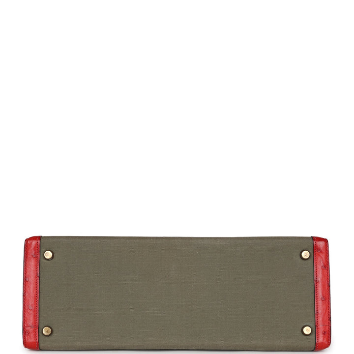 Hermes Kelly Sellier 32 Rouge Vif Ostrich and Vert Olive Officier Canvas Gold Hardware
