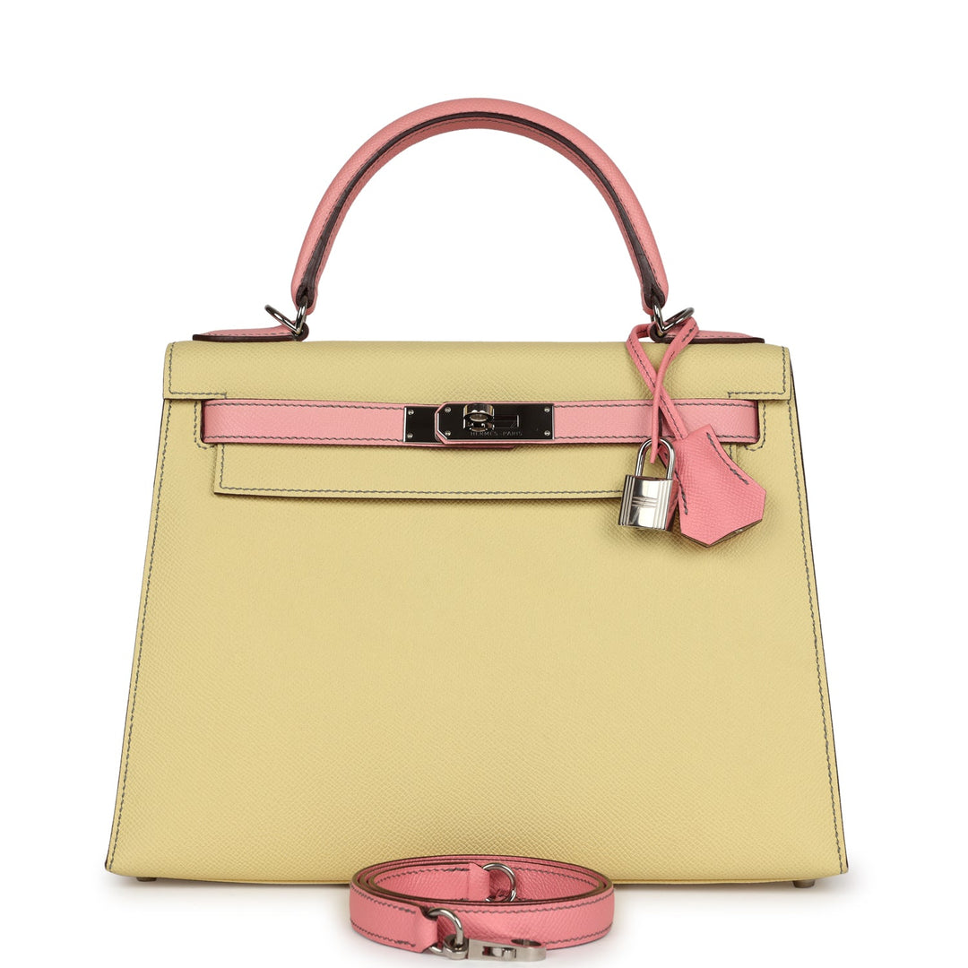 New Hermes Special Order (HSS) Kelly Sellier 28 Rose Confetti and Jaune Poussin Epsom Palladium Hardware