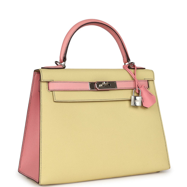 New Hermes Special Order (HSS) Kelly Sellier 28 Rose Confetti and Jaune Poussin Epsom Palladium Hardware