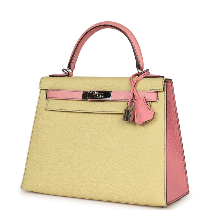 New Hermes Special Order (HSS) Kelly Sellier 28 Rose Confetti and Jaune Poussin Epsom Palladium Hardware