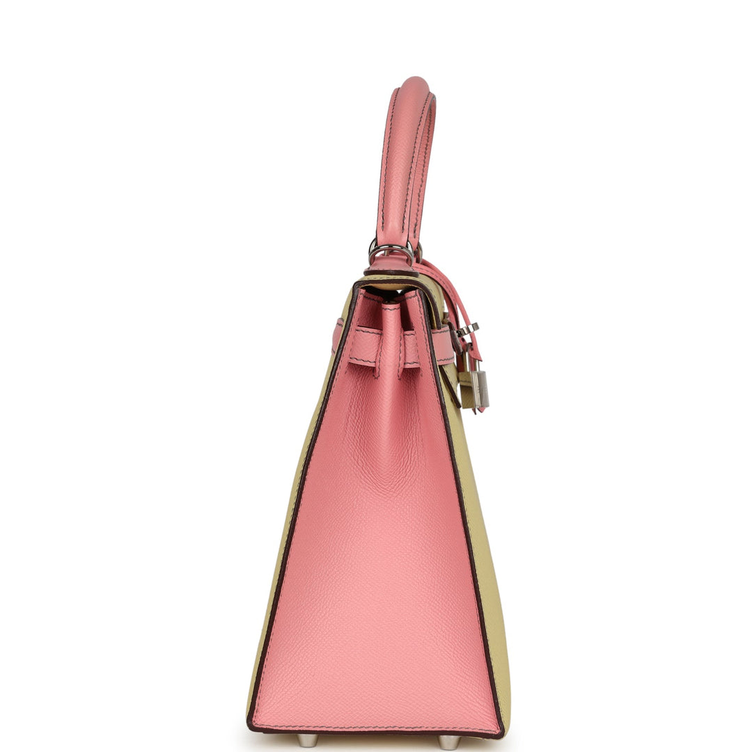 New Hermes Special Order (HSS) Kelly Sellier 28 Rose Confetti and Jaune Poussin Epsom Palladium Hardware
