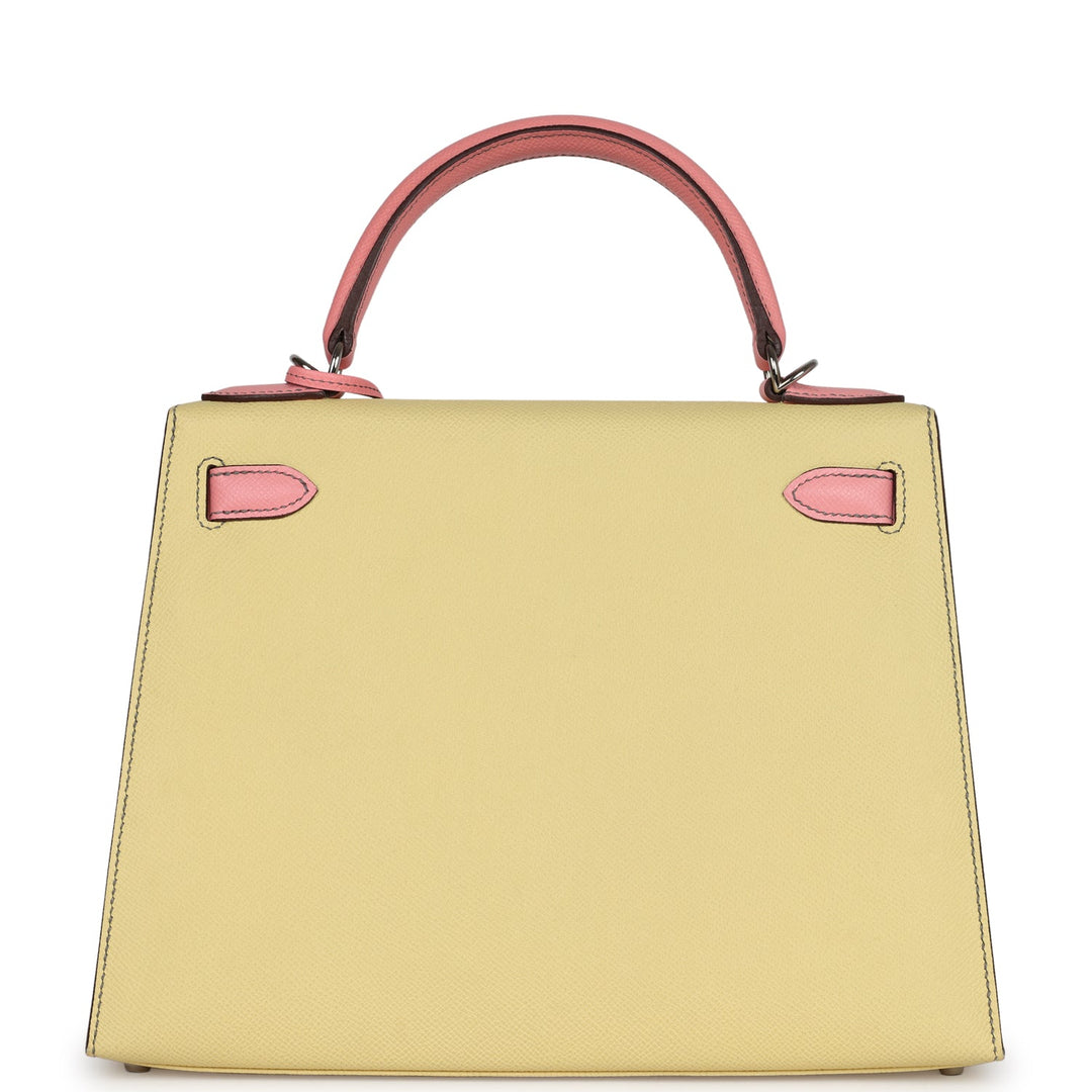 Hermes Special Order (HSS) Kelly Sellier 28 Rose Confetti and Jaune Poussin Epsom Palladium Hardware