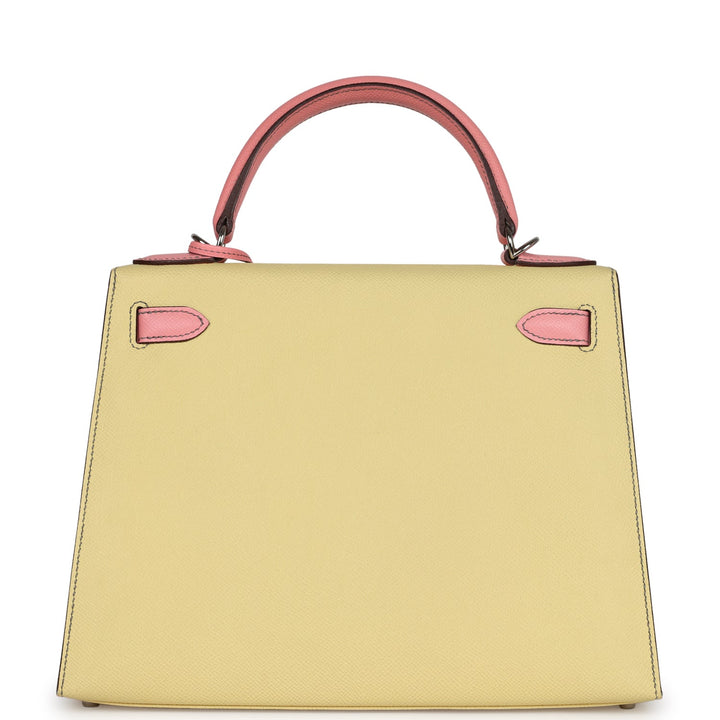 Hermes Special Order (HSS) Kelly Sellier 28 Rose Confetti and Jaune Poussin Epsom Palladium Hardware