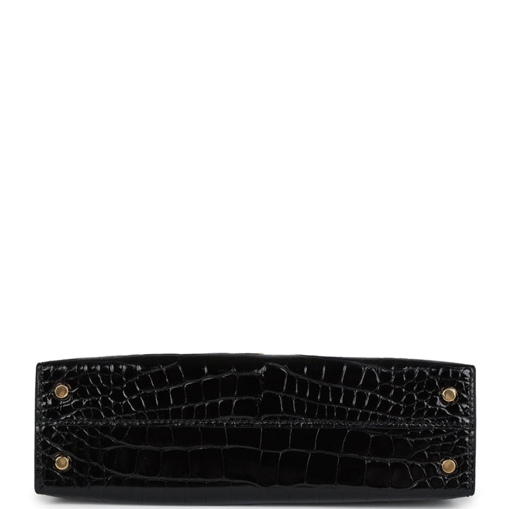 Hermes Kelly Sellier 20 Black Shiny Alligator Gold Hardware