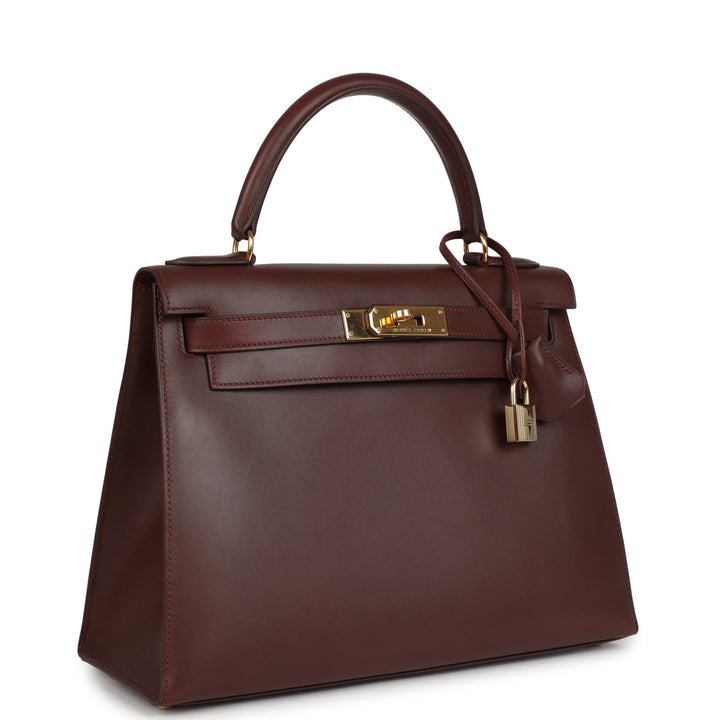 Vintage Hermes Kelly Sellier 28 Noisette Box Gold Hardware