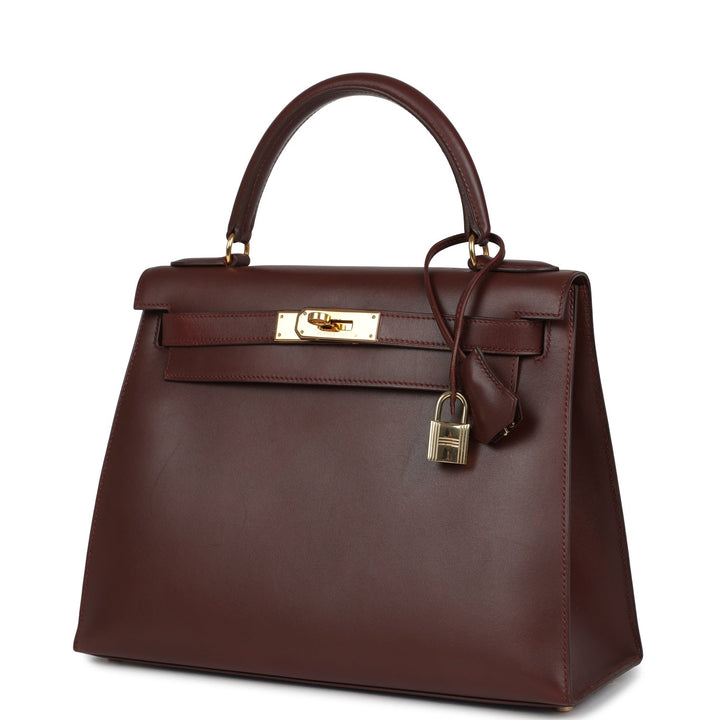 Vintage Hermes Kelly Sellier 28 Noisette Box Gold Hardware