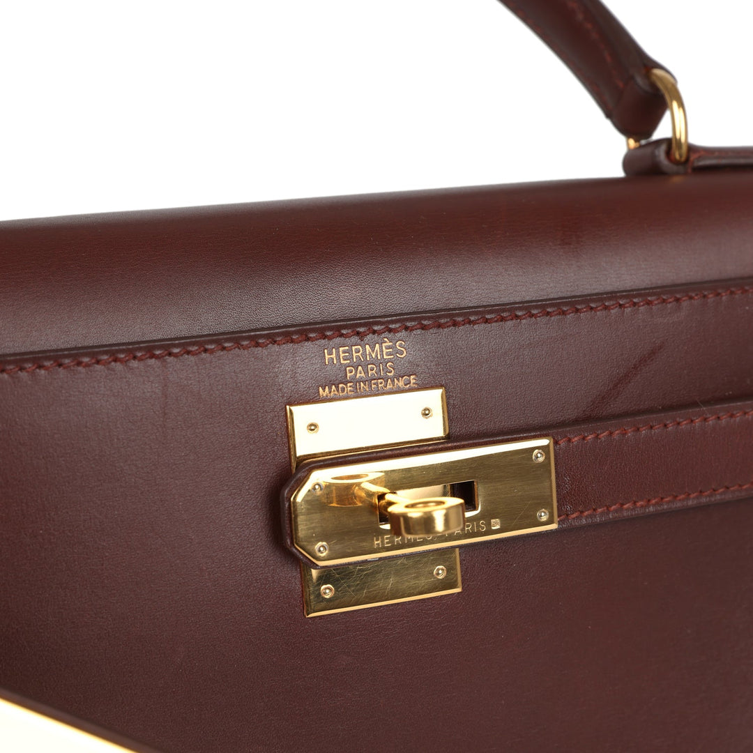 Vintage Hermes Kelly Sellier 28 Noisette Box Gold Hardware